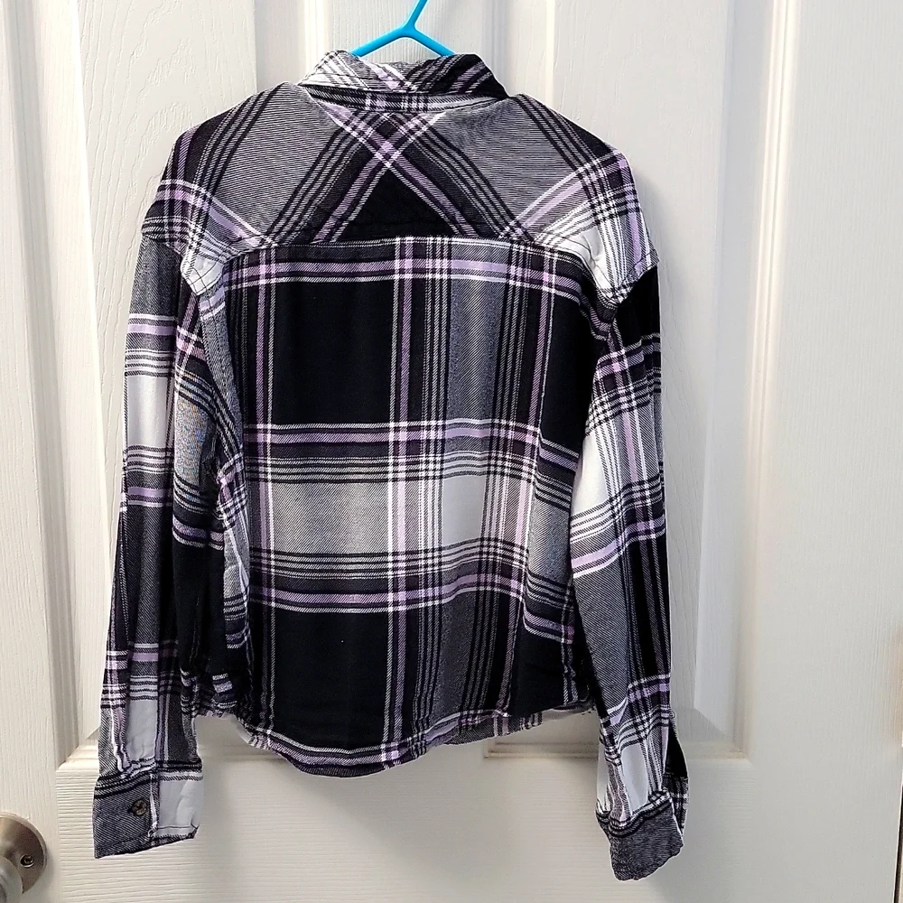 Justice Girls Black White Plaid Button Down Flannel Shirt Size S 7/8 Grunge